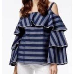 I N C International Concepts Tiered Sleeve Off The Shoulder Blouse Sz Lg Blue